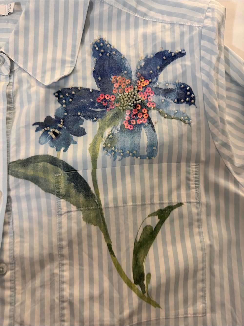 Light Blue Striped Women’s Button-Up Shirt with Floral Embroidery - Picture 3 of 4